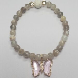 Stone: Gray Moonstone + Pink Butterfly Charm | 6mm