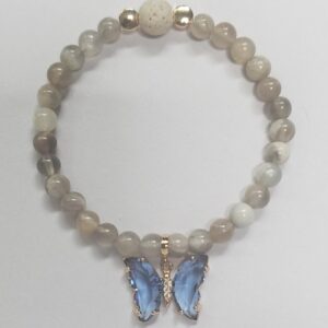 Stone: Gray Moonstone + Blue Butterfly Charm | 6mm