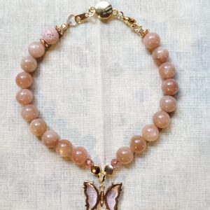 Stone: Peach Moonstone + Pink Butterfly Charm | 8mm